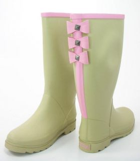 Dirty Laundry Womens Roxette Plain Rub Khaki w Pink Bows Rain Boots