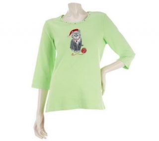 Quacker Factory Christmas Kitty 3/4 Sleeve T shirt —