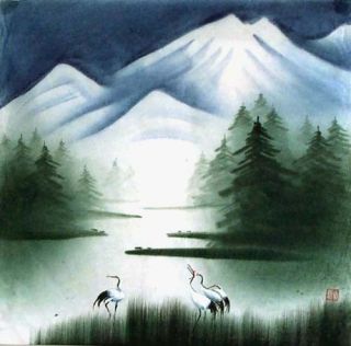   Original Chinese Painting White CRANE Under Snow Mountain by Lake