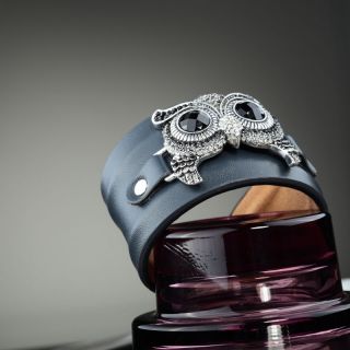 Bendable Dark Blue Leather Black Rhinestone Owl Cuff Bracelet