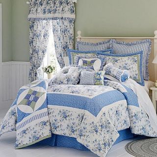 9pc Twin Blue White Cottage Comforter Quilt Sham Bskirt Drapes Pillows