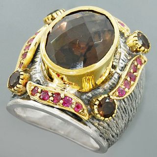 Smoky Quartz Garnet Gemstone 925Sterling Silver & Brass Mens Ring Sz
