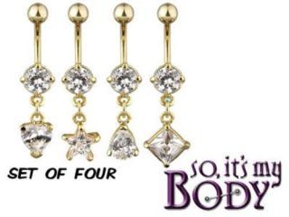 set of 4 14kt gold belly rings cz solitaire dangles