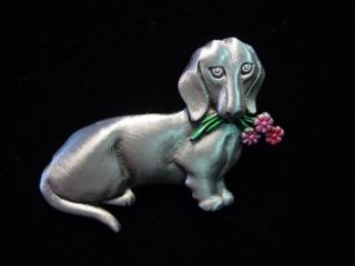 JJ Silver Pewter Flower Carrying Dachshund Pin