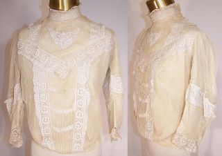 Vintage Victorian Antique Cream Net Lace Applique Cotton Bodice Blouse