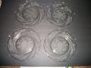 HEISEY Crystal Glass ETCHED ROSE Four SALAD PLATES on WAVERLY BLANK