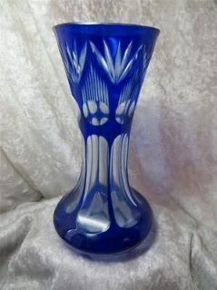 Vintage Cobalt Blue to Clear Cut Crystal Glass Bohemian Dot Vase In