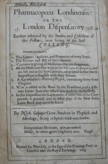 Culpeper Nicholas Pharmacopoeia LONDINENSIS 1653