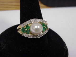 Cultured Pearl Emerald Diamond Ring Set in Yellow Gold