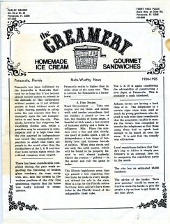 The Creamery Menu Pensacola Florida Home Made Ice Cream 1950s