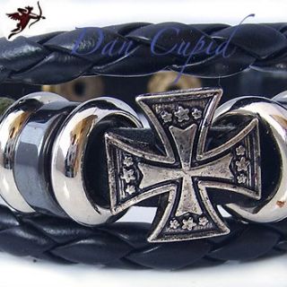 Black punk maltese cross leather ethnic bracelet emo handcraft