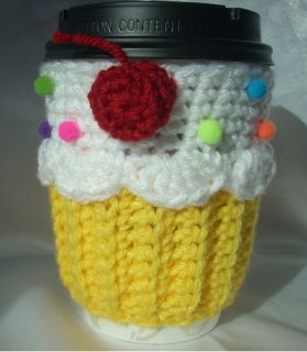 Yellow Lemon Cupcake Coffee CUP COZY Sleeve Hand Crochet Cherry Food