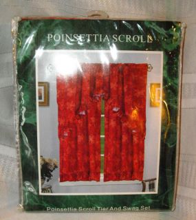  Scroll Christmas 2 Tier & 1 Swag Kitchen Curtain Set 36L Red Gold NEW