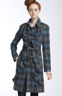 L.A.M.B. Ruffle Plaid Belted Trench Coat