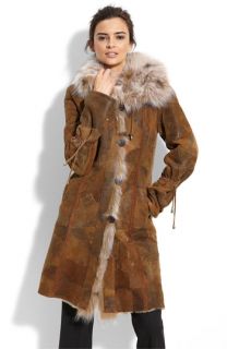 Blue Duck Lambskin Leather Patchwork Coat with Genuine Fox Fur Trim
