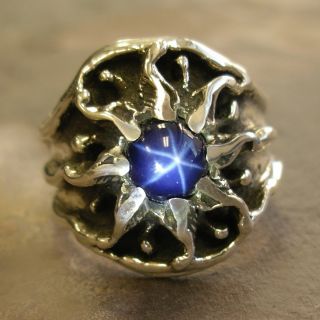 Unique Custom Mens Silver Sunburst Ring with A Star Sapphire Vintage