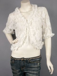Off White Mid Sleeve Ruffle Lace Cropped Top Cardigan M