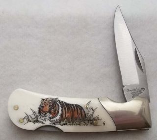 Frost Cutlery Japan Surgical Steel Scrimshawed Tiger Lockback Knife