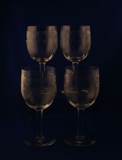  Era Set 4 Crystal Wine Glass Stems Floral Etch C 1930