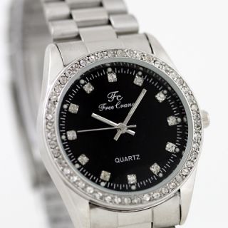  Unisex Mens Lady Luxury Crystal Wrist Watch Stainless Steel Black Dial