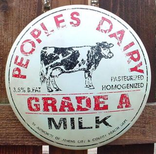 Vintage Peoples Dairy Ad Sign Grade A Milk Round Domed Tin Cow Farm