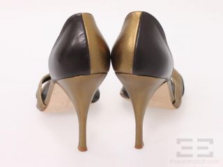  Blahnik Bronze & Black Leather DOrsay Open Toe Heels Size 38, In Box