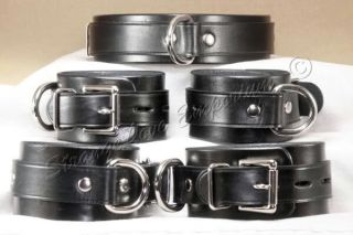  Black Leather Wrist Ankle hand Cuffs Collar 5 Peice set Hand Made USA