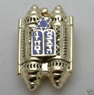   yellow gold filigree Torah pendant locket blue enamel Star of David
