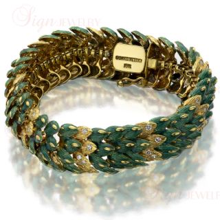 DAVID WEBB Green Enamel Diamond 18k Yellow Gold Snake Bracelet