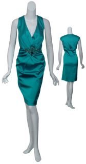 David Meister Emerald Stretch Satin Rhinestone Cocktail Eve Dress