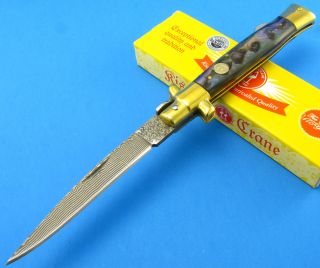  Abalone Handle Folding Damascus Blade Lockback Stiletto Knife