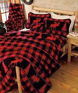 Moose Creek Bed Blanket Red and Black features Moose and Pine trees