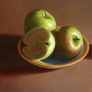 DANFORTH Green Apples Bowl still life 6x6 oil painting. More in my