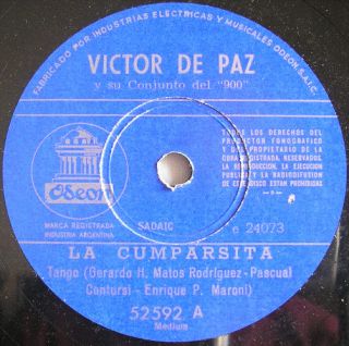 Victor de Paz Y Su Conjuto Del 900 78 RPM La Cumparsita