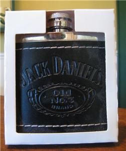 JACK DANIELS New Stainless Steel Leather Cover Flask 5oz. Licensed