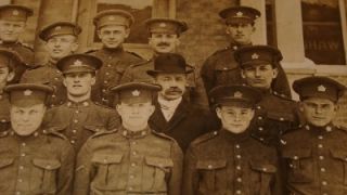 WWI Era Canadian Soldiers with Man in Civilian Dress B&W Real Photo