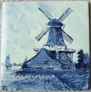 Vintage Windmill Sailboat Seaside Ceramic Tile Delft Blue Tile