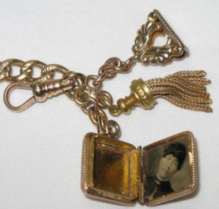 Antique Victorian Gold Fill Watch Chain Bracelet 3 Fobs Locket,Wax