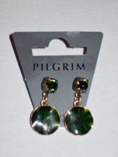NWT Pilgrim Danish Design Green Enamel Rhinestone Disc Dangle Earrings