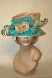   Kentucky Derby Sinamay Turquoise Blue Tan Bucket Dress Hat Ascot