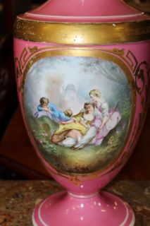 Sevres Pair Pink Vernis Martin Decorated Porcelain Urns Vases French
