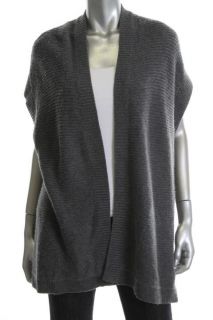 Designer Gray Ribbed Trim Short Sleeves Open Front Cardigan Sweater