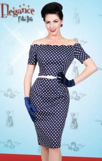  Pan Am Navy Blue Dots Elegance Bare Shoulder Fitted Dress XS 4X