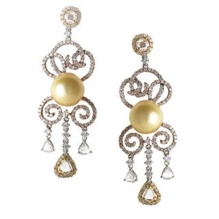 18K Multi Gold Diamond Pearl Chandelier Earrings