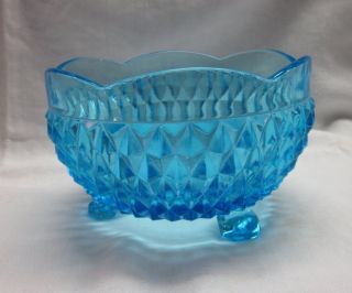INDIANA DIAMOND POINT BLUE GLASS ROSE BOWL TRI FOOTED W SCALLOP EDGE
