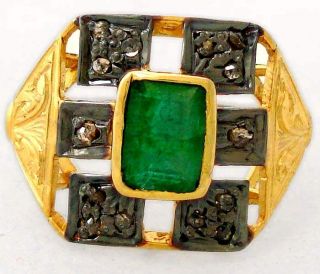  NATURAL GREEN EMERALD DIAMOND GOLD 925 STERLING SILVER RING Sz 9 A1530