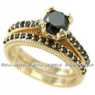 95ct Matching Black Diamond Engagement Ring Wedding Band Set 14k