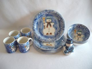 Let It Snow Christmas Snowman China Set 4 Place Settings Tabletops