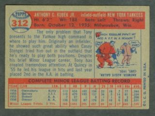 CREASE FREE 1957 Topps #312 Tony Kubek Card   GORGEOUS PIECE