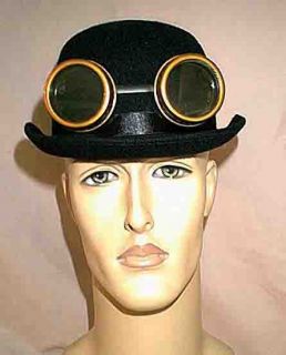 Steampunk Edwardian Black Felt Derby Hat w Brown Copper Goggles
